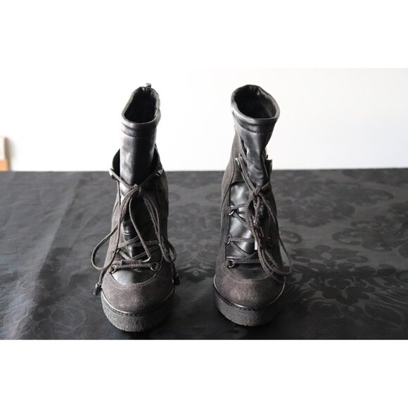 Moncler Women's Size 37 Black Wedge Boots Suede Lace Up Mid-Calf Round Toe Shoes - Picture 6 of 9